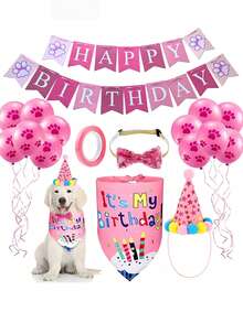 1 set Decorazioni per feste di compleanno per animali domestici, inclusi striscione, cappelli, palloncini a forma di zampa, bavaglini e papillon, adatti per le celebrazioni