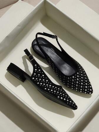 Sandalias de tacón grueso con puntera cerrada, elegantes, de tacón medio, negras, con remaches, hebilla retro, cómodas y antideslizantes para mujer