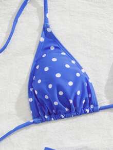 PEPPERMOLLY 新款柔软衬垫蓝白波点印花细肩带露背性感派对比基尼套装，夏季沙滩时尚女士泳装度假装 - 藍白色 - 查看 6
