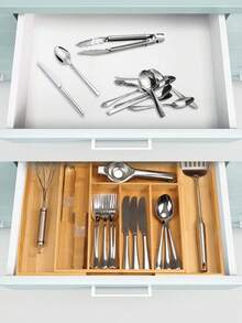 1pc Adjustable Bamboo Drawer Organizer,Retractable Knife And Fork Division Organizer Box,Drawer Type Tableware Storage Box,For Utensils And Silverware - Expandable Cutlery Tray For Kitchen, Bedroom, And Living Room - Multicolor - View 2