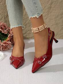 Sandalias de tacón alto fino con diseño de nicho, puntera puntiaguda y correa de hebilla de cuero, nuevas para primavera/verano 2025 - Burdeos - Ver 4