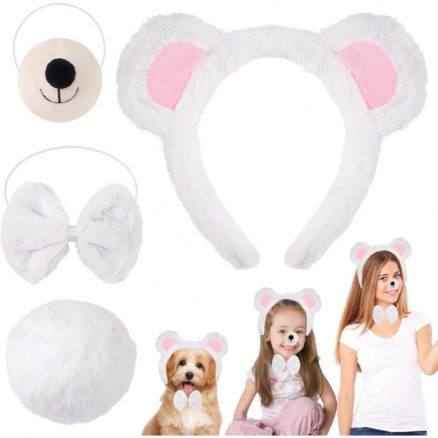 Diadema de Felpa Orejas de Oso y Conejo Set de 4 Piezas Disfraz de Cachorro con Nariz - Blanco - Ver 1