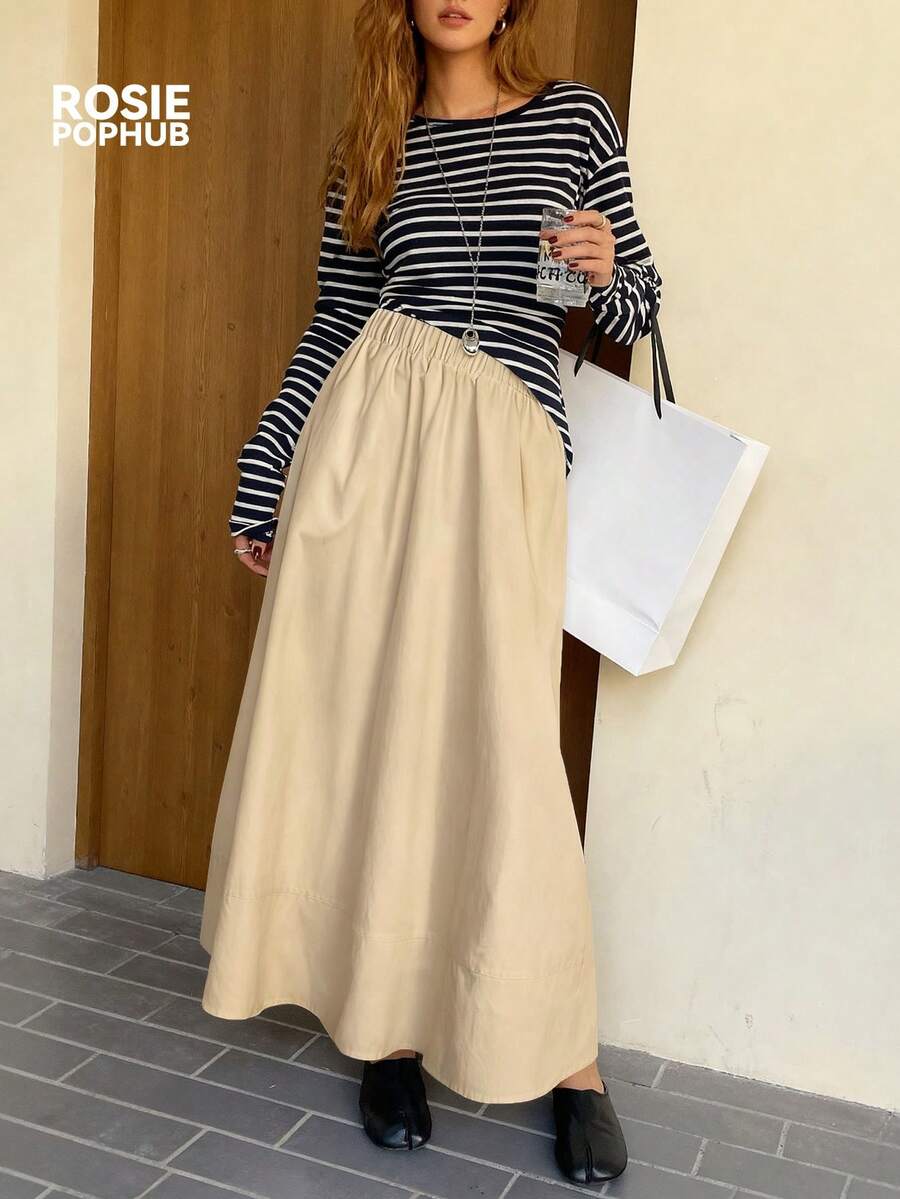 Falda casual versátil en línea A de color caqui para mujer ROSIE POPHUB, adecuada para festivales de música, temporada de bodas, uso al aire libre, todas las estaciones