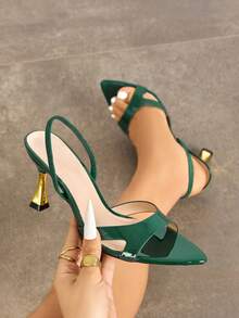 女士高跟鞋，时尚高端独特撞色酒杯鞋跟尖头亮面交叉绑带，高品质柔软镜面材质，性感优雅踝带，舒适透气，适合任何正式场合，橄榄绿百搭女士正式凉鞋，魅力高跟鞋 - 墨綠色 - 查看 1