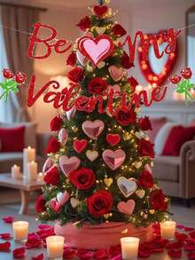 2pcs Heart-Shaped Rose Pull Flags, Valentine's Day Party Banner Hanging Decor, Glitter Rose Flower Decorations, Valentine's Day Atmosphere Decor, Event Party Decorations, Home Decor