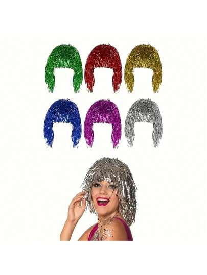 شعر باروكة من سلك معدني لامع - باروكة حفلات لامعة من البلاستيك، باروكة سلك مطر للكوسبلاي، مكياج ديسكو، باروكة مفرشة، باروكة ديكور لحفلات الأعياد مناسبة للعب الأدوار والحفلات الراقصة واحتفالات عيد الميلاد