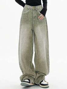 Women's Green Washed Loose Straight Leg Jeans, Retro Casual Street Fashion Versatile - Green - View 3