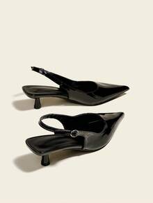 4cm Kitten Heel Black Pumps, Party High Heels, Formal Shoes With Buckle Strap, Slip-On Pointed Toe Stilettos - Black - View 6