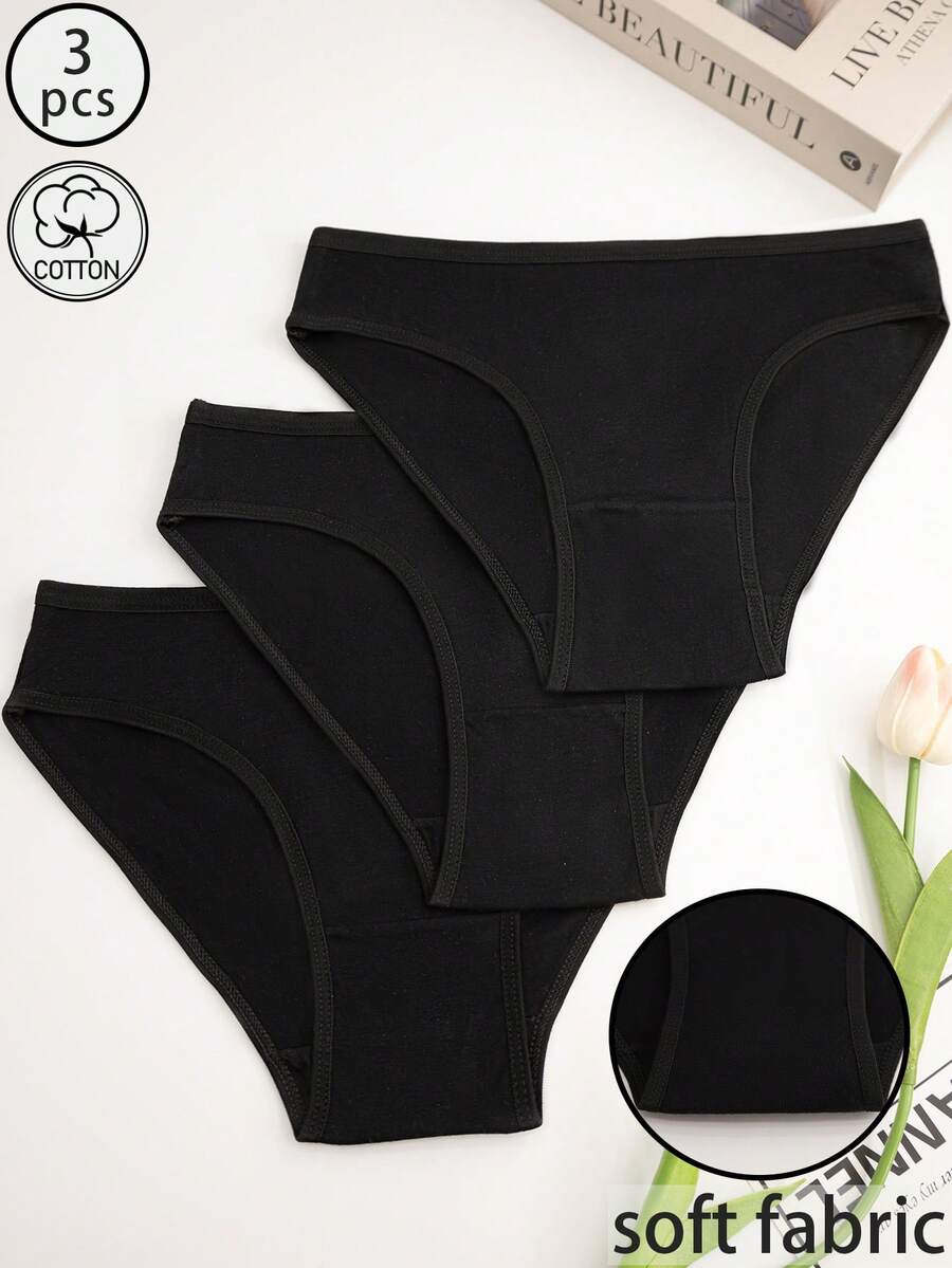 3pcs Women Simple Basic Seamless Briefs, Breathable & Comfortable Underwear - Black - View 1