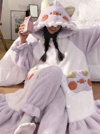 加厚保暖睡衣，女士舒适保暖长袖连帽连体衣，卡通可爱珊瑚绒连帽睡袍 - 冬季保暖珊瑚绒卡通动物连帽睡袍，小猪浴袍，寒冷天气家居服，趣味设计，柔软面料，穿着舒适