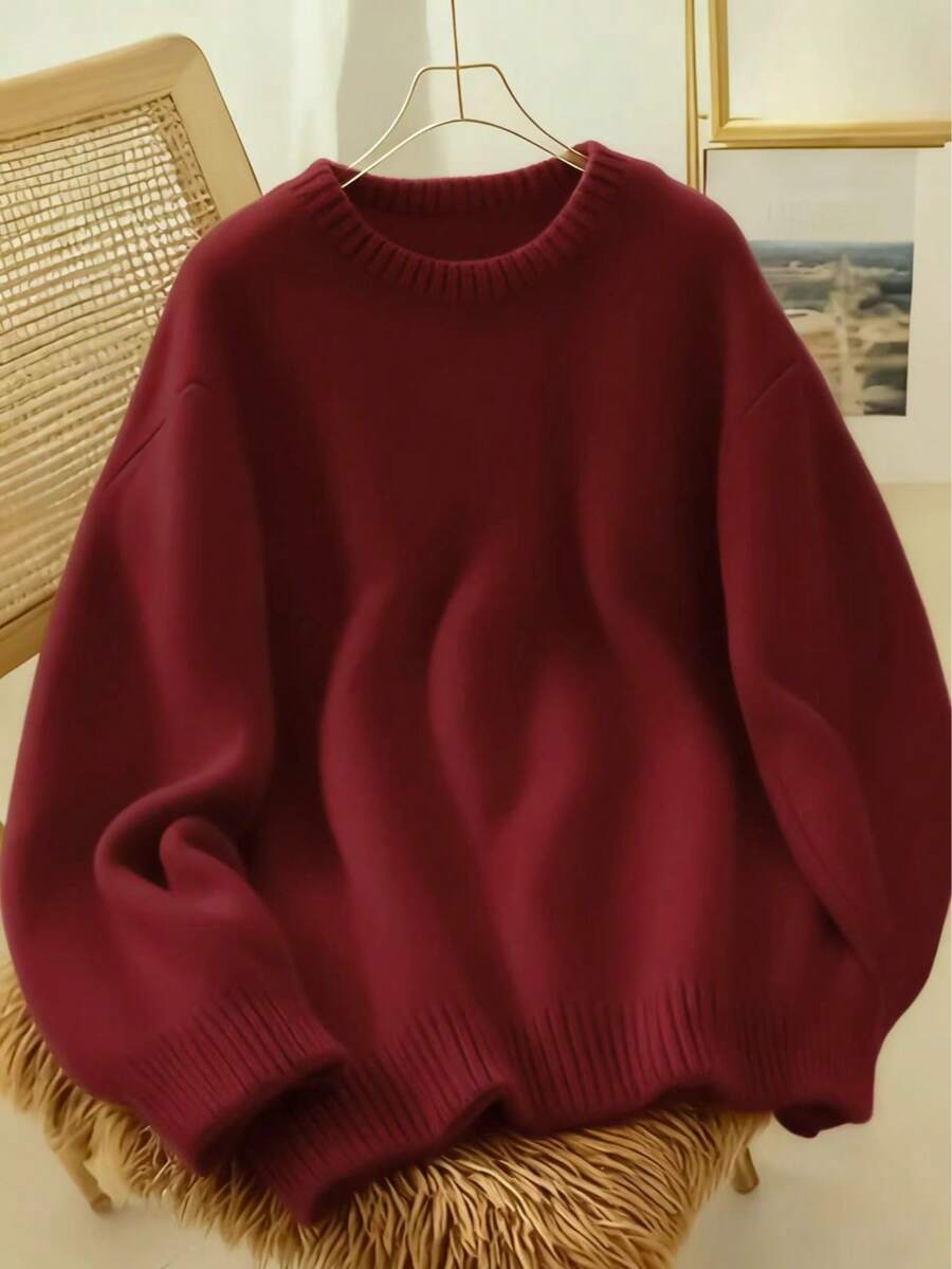 Áo len dệt kim màu trơn mềm mại và ấm áp dành cho nữ, trang phục thường ngày cho mùa thu - màu đỏ tươi - Xem 1