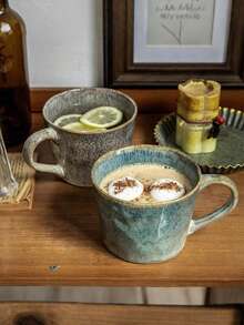 2 件套情侣马克杯，带反应釉，水彩图案陶瓷水杯，礼物，家用咖啡杯，牛奶杯，燕麦杯 - 彩色 - 查看 4