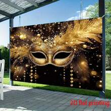 1pc Elegant Venetian Masquerade Ball Backdrop Banner, Featuring Gold And Black Venetian Mask Design, Large Feather Mask Decor, Suitable For Carnival And Wedding - Multicolor - View 6