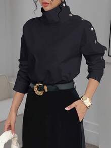 Women's Solid Color Asymmetric Collar Long Sleeve Button Design Casual Shirt Black Spring - Black - View 9