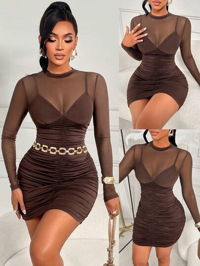 AIJ Women's Sexy Mesh Long Sleeve Mini Dress - Round Neck, Ruched Waist, Fitted Cut, Solid Color - Suitable For Parties, Gatherings, Cocktail Events And Dances, Autumn/Winter Elegant Spring