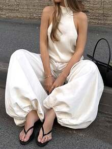 Women's White Drawstring Wide Leg Palazzo Pants, Elastic Waist, Loose Fit, Suitable For Beach, Vacation, Casual Everyday Wear - White - View 8