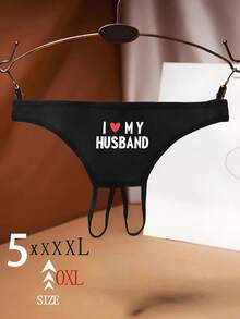 Plus Size Women's Sexy Letter Print Thong Panties, Backless - Black - View 1