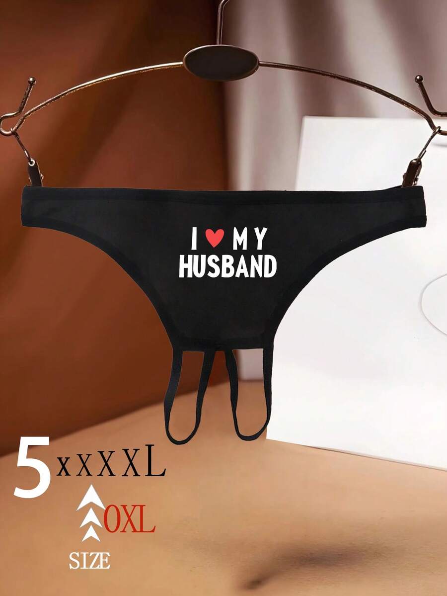 Plus Size Women's Sexy Letter Print Thong Panties, Backless - Black - View 1