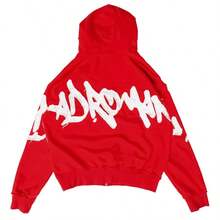 Hooded Sweatshirt With Unique Street-Style 3D Letter Print, Zip-Up Loose Top, Y2K Autumn And Winter - Đỏ - Xem 2