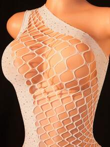 1pc Women Sexy Lingerie One Shoulder Black Fishnet Mini Dress Rhinestone Mesh Bodycon Sheer Club Party Outfit - White - View 3