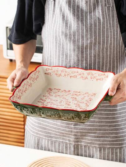 1pc Vintage Green Floral Handpainted Square Ceramic Baking Dish With Handles, Suitable For Salad, Pasta, Cheese Bake, Baking, Roasting Chicken, Oven & Microwave & Dishwasher , Non-Stick Easy To Clean, Ideal For Home, Restaurant, Holiday Use