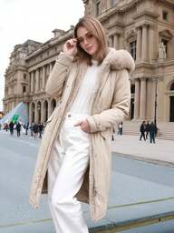 Abrigo de longitud media para mujer con cuello de piel sintética y cinturón para otoño/invierno