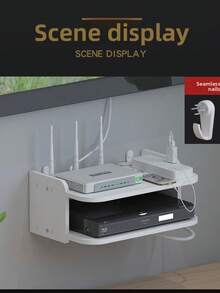 1 pieza Estante organizador montado en la pared para router y WiFi - Soporte de gestión de cables para módem, decodificador y accesorios de TV | Diseño decorativo de almacenamiento ahorrador de espacio, con ventilación | Instalación sin taladrar, crea un diseño ordenado en el hogar/oficina, organizador práctico - Multicolor - Ver 8