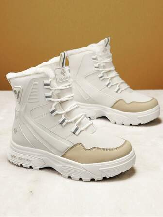 Men's Snow Boots New Thick Plush Lining Outdoor Boots Thermal Lined Anti-Slip Mid-Calf Lace-Up Boots Leather Patchwork Contrast Color Warm Winter Hiking Boots Resistant To Severe Cold