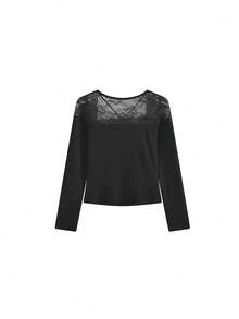 Original Design Elegant Lace Patchwork Long Sleeve Versatile Top - Black - View 6