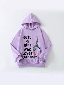 少女休闲日常通勤标语和人物印花宽松落肩卫衣，春秋季 - 淡紫色 - 查看 2
