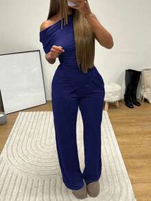 女士两件套，休闲优雅纯色不对称下摆塑形上衣，适合婚礼招待会、晚宴约会，搭配纯色直筒裤，适合日常穿着、度假和海滩度假。 - 藏蓝色 - 查看 6