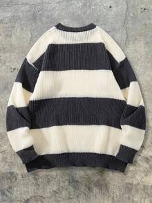 Men's Colorblock Striped Crew Neck Pullover Sweater, Minimalist High Street Style, Autumn/Winter - 灰色 - 查看 3