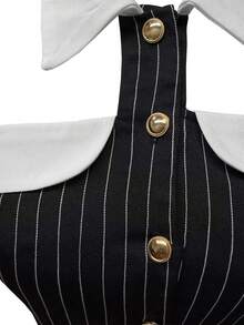 Wiosna/Lato Dopasowany Modny Uniwersalny Bez Rękawów Ściągany w Pasie Dojazdy Codzienne Występy Taniec Uliczny Randka Wakacje Akademik Podróże Kołnierz Halter Złoty Metalowy Guzik Odkryte Plecy Vintage Paski Damski Top - Czarne i Białe - Zobacz 7