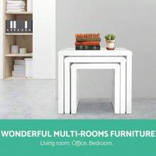 Coffee Table Set Of 3 Bedside Bed Side Sofa Nesting Tables Laptop Desk High Gloss Wooden Home Furniture Living Room Bedroom Office White Rectangular Modern Sturdy Stackable Space Saving - White - View 5