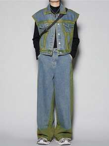 Spring And Autumn New Collection, Niche, Spray Color, Gradient, Vintage, Vest Jacket, Street Style, Handsome, Casual, Denim Suit, Straight Leg, Wide Leg Pants, Denim Two-Piece Set, Men's Suit, Couple's Suit - 藍色 - 查看 1