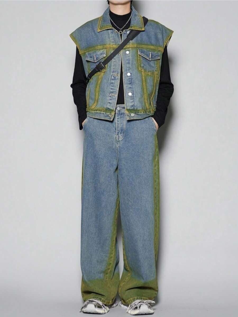 Spring And Autumn New Collection, Niche, Spray Color, Gradient, Vintage, Vest Jacket, Street Style, Handsome, Casual, Denim Suit, Straight Leg, Wide Leg Pants, Denim Two-Piece Set, Men's Suit, Couple's Suit - 藍色 - 查看 1