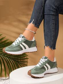 1 đôi giày thể thao nữ thường ngày, giày sneaker đế dày phối vải kiểu retro, giày thể thao năng động mùa xuân/thu mới, giày buộc dây mũi nhọn cổ điển phù hợp cho học sinh, nhân viên văn phòng, đi bộ, chạy bộ và các dịp khác, ngày lễ, họp mặt, kỳ nghỉ. - màu xanh lá - Xem 3