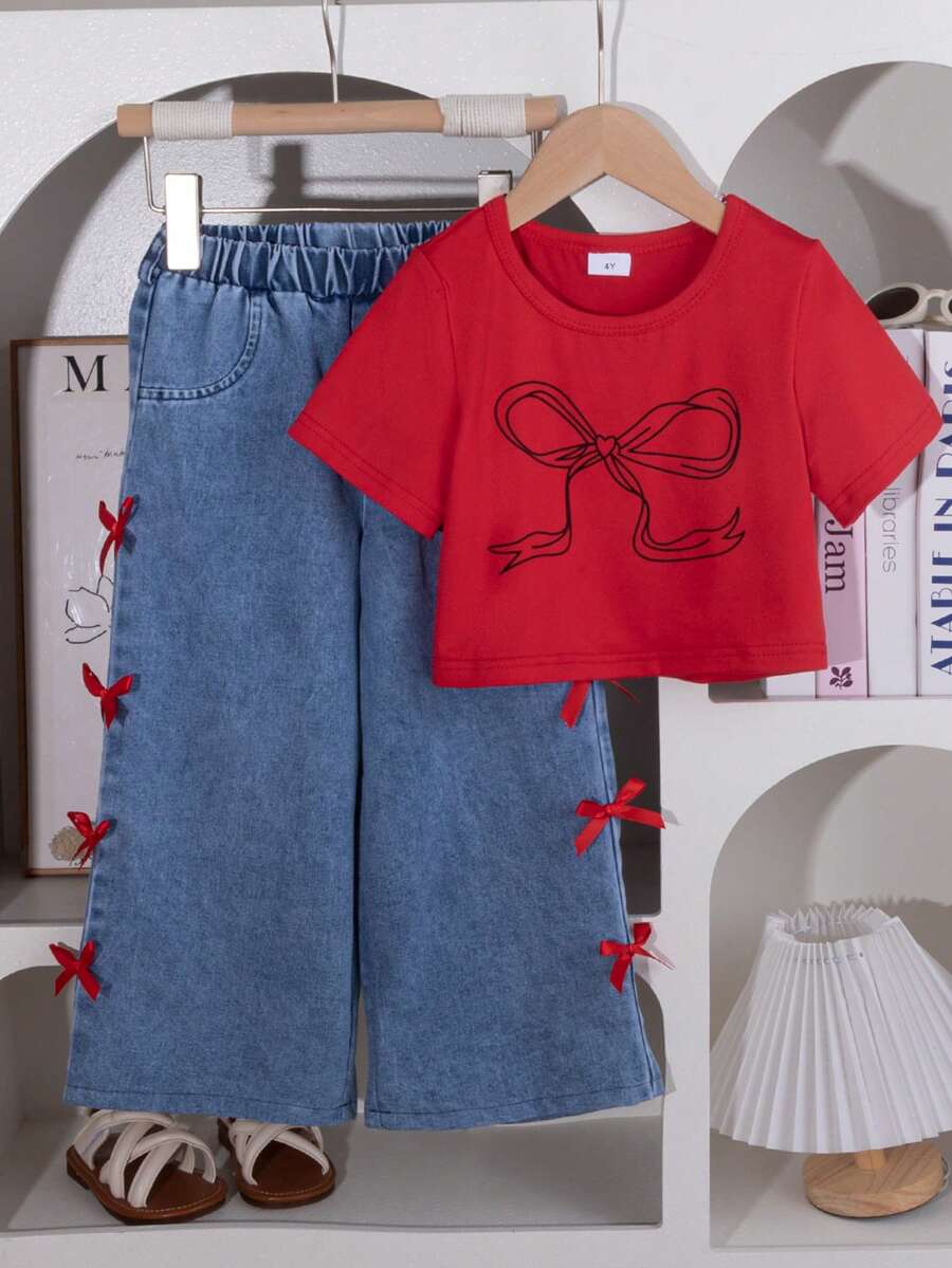 Conjunto de camiseta con estampado de mariposa y pantalones anchos con decoración de mariposa para niñas, conjunto de moda de verano - Rojo - Ver 1
