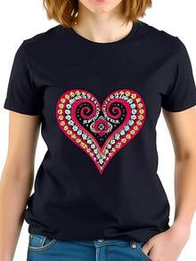 Navy Blue Short Sleeve T-Shirt With Intricate Heart Design In Tonal Colors - All Cotton - Black - View 7