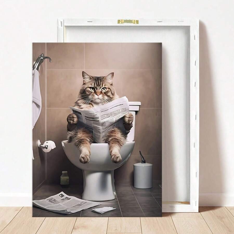 1pc Whimsical Framed Cat Toilet Poster - Abstract Style Canvas Painting for Bathroom and Living Room Decor - Modern, Creative, and Humorous Gift Idea for Cat Lovers and Home Decor Enthusiasts - negro - Ver 1