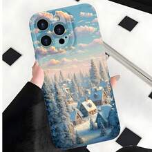 2026 nueva funda de teléfono esmerilada, funda de teléfono con impresión de paisaje nevado de pueblo invernal para iPhone 17 14 13 12 11 Pro Max y  Galaxy S23 S22 S21 S20, funda protectora para teléfono, regalo de pareja para novio y novia, presente de vacaciones - Blanco antiguo - Ver 2