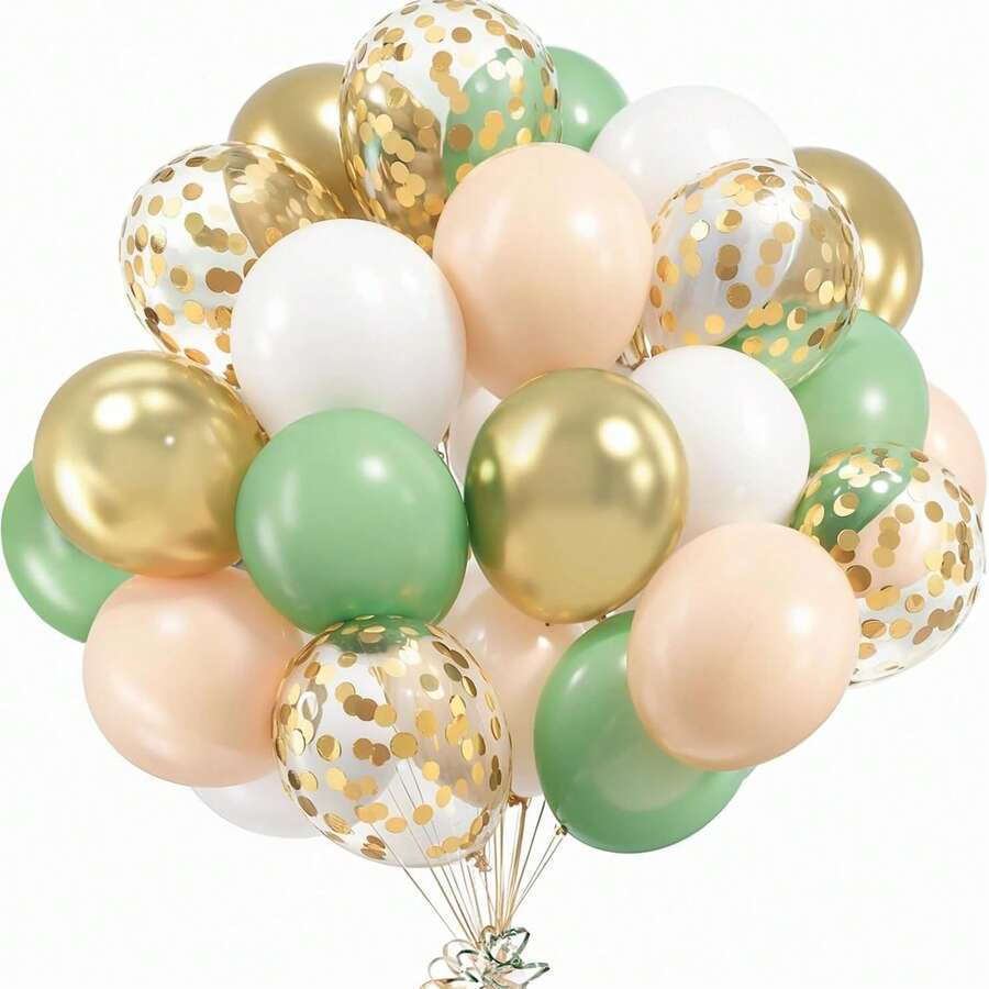 40 piezas Conjunto de globos verde salvia y dorado, globos de látex de 10 pulgadas adecuados para cumpleaños, revelación de género, boda, despedida de soltera, decoración de fiesta de eucalipto - Multicolor - Ver 1