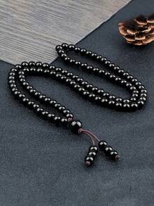 1pc 108 Bead Mala Necklace - 6mm Black Agate Beads Vintage Style Necklace, Simple Retro Design, Perfect For Daily Wear Or Gift Giving, All-Season Jewelry Unisex - Black - View 2