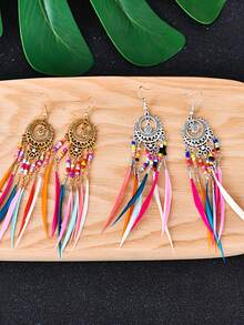 Vintage Hollow Out Long Feather Earrings, Colorful Beaded Tassel Earrings - Natural Feathers - View 5