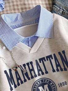 2pcs Young Girl Letter & Stripe Print Warm Sweatshirt Set - Grey - View 3