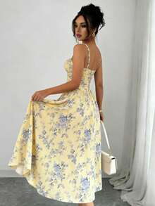 Floral Print Bohemian High Slit Zipper Front Dress, Suitable For Weddings, Spring/Summer Vacation Elegant - Pale Yellow - View 4