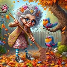 Pintura de diamante 5D de perforación completa Escena acogedora de otoño, pintura decorativa, manualidad DIY para decoración de pared del hogar, incluye elementos como una mujer mayor barriendo hojas, hojas de otoño coloridas, cerca de madera, árbol de hojas naranjas, pájaros de colores, fondo rosa, adecuado para regalos y decoración del hogar