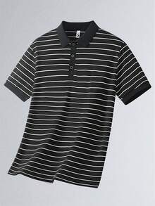男士白黑條紋 Polo 衫，短袖領口休閒高爾夫球衫，適合辦公室工作與日常穿著 - 黑色 - 查看 4