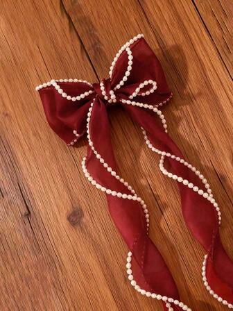 1 Pc Faux Pearl Detail Bow Decor Hair Clip Elegant Valentine's Day Valentineshair Accessories For Women Claw Clips Hair Claws Hair Barrettes, School Stuff, College, Burgundy Red Hair Clips, Pearl Hair Accessories For Valentine's Day Thanksgiving Day Red Bow, Hair Slide