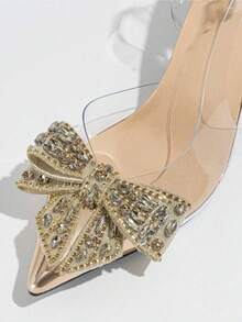 Women's Elegant Bow & Rhinestone Decor Pointed Toe High Heel Shoes, Suitable For Parties And Weddings, Spring, Gold, Encore Red, Formal - Gold - View 5